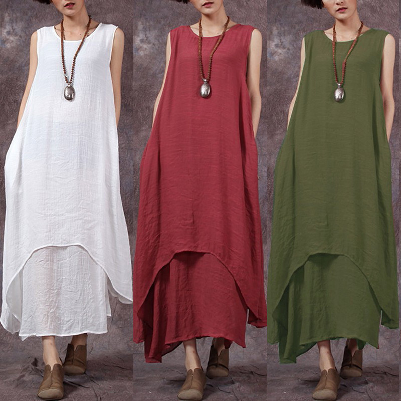 S-5XL Vintage Women Sleeveless Irregular Hem Loose Solid Color Maxi Dresses