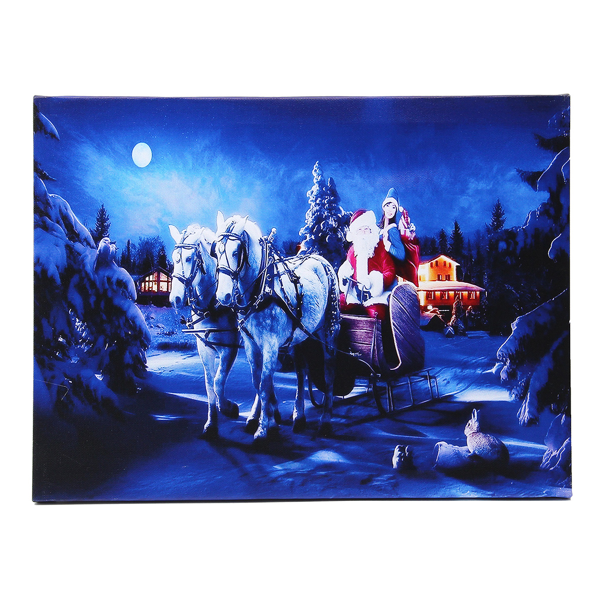 

40 x 30cm Operated LED Christmas Santa Ride White Horse on Street Xmas Canvas Print Wall Art