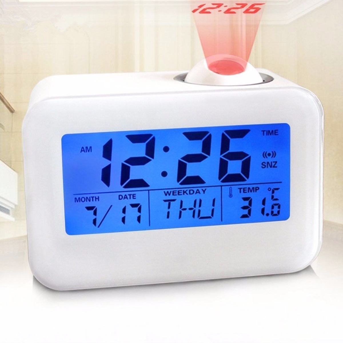 

Voice Sound Controlled Projection Talking LED Alarm Clock Snooze Date Projector