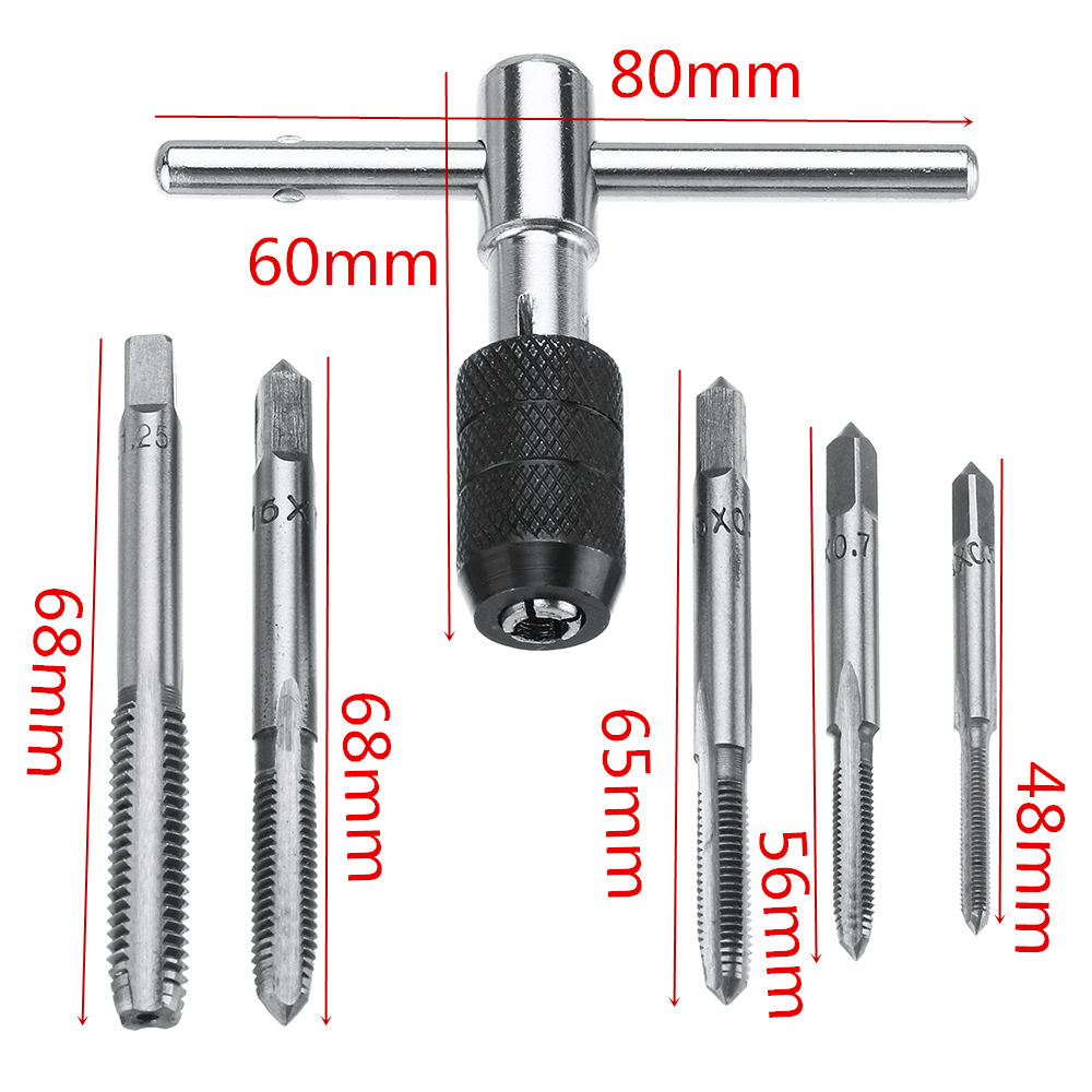 6pcs Tap Drill Thread Metric Plug Tool Tap and Die Set T Handle Screw Tap Wrench