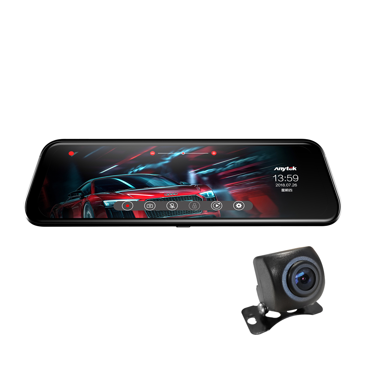 

ANYTEK T12+ 9.66 Inch 2.5D Curved Glass Full Touch Dual Lens Front 1080P Rear 720P G Sensor Auto Boot Recording Car DVR