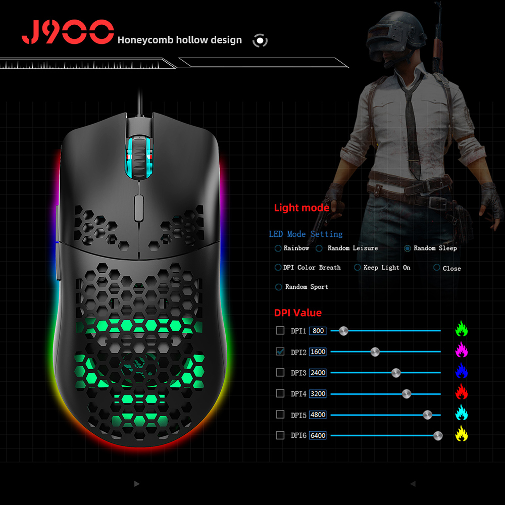 HXSJ J900 Wired Gaming Mouse Honeycomb Hollow RGB Game Mouse with Six Adjustable DPI Ergonomic Design for Desktop Computer Laptop PC 25
