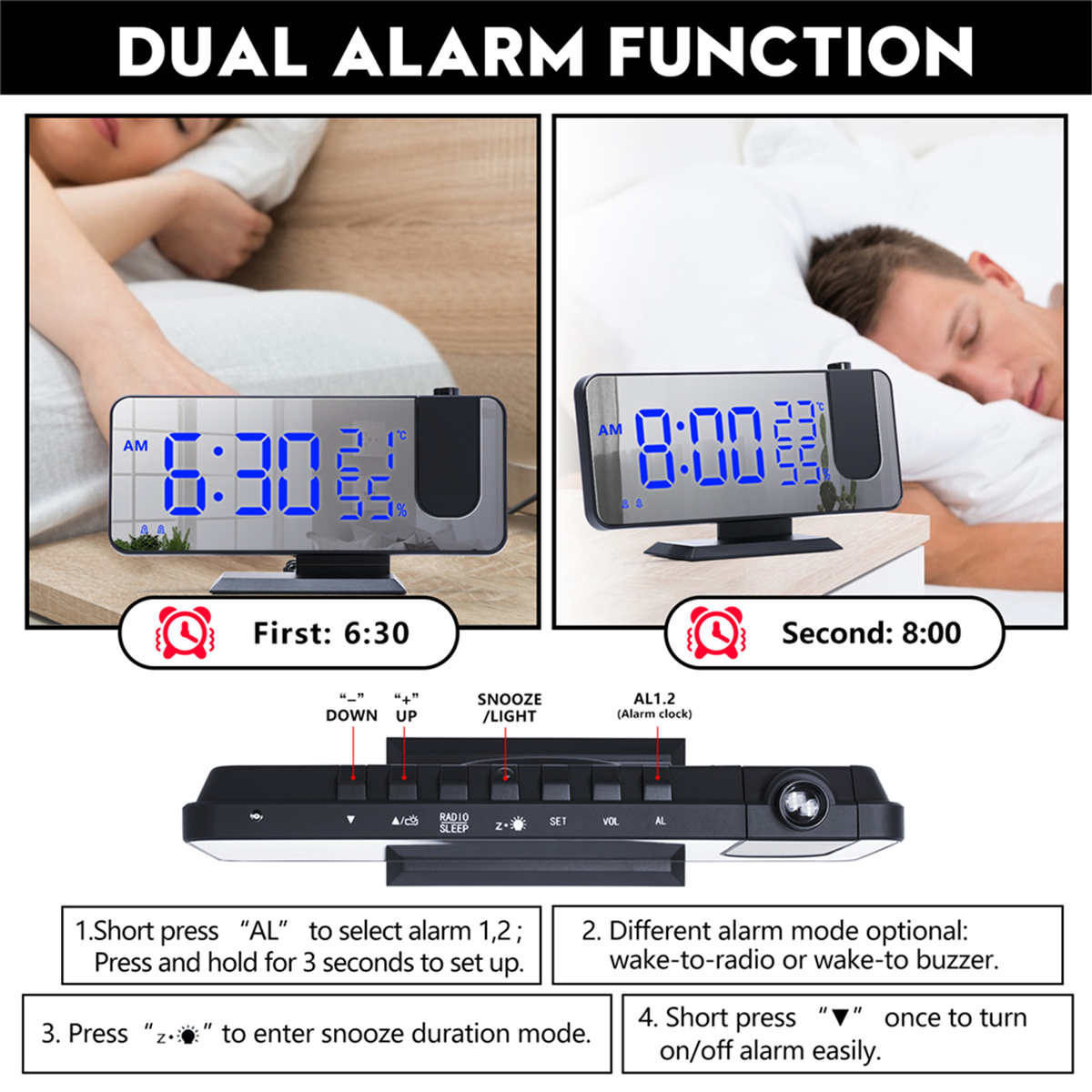 2Pcs LED Mirror Alarm Clock Big Screen Temperature and Humidity Display with Radio and Time