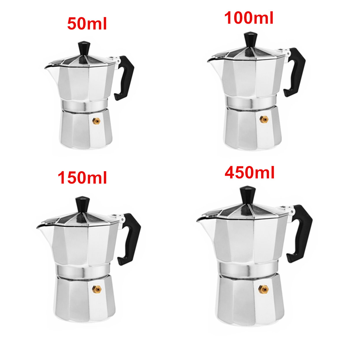 50 / 100 / 150 / 450ml Silver Aluminum Octagonal Mocha Coffee Pot Cup Percolator Maker Tea Pot 49