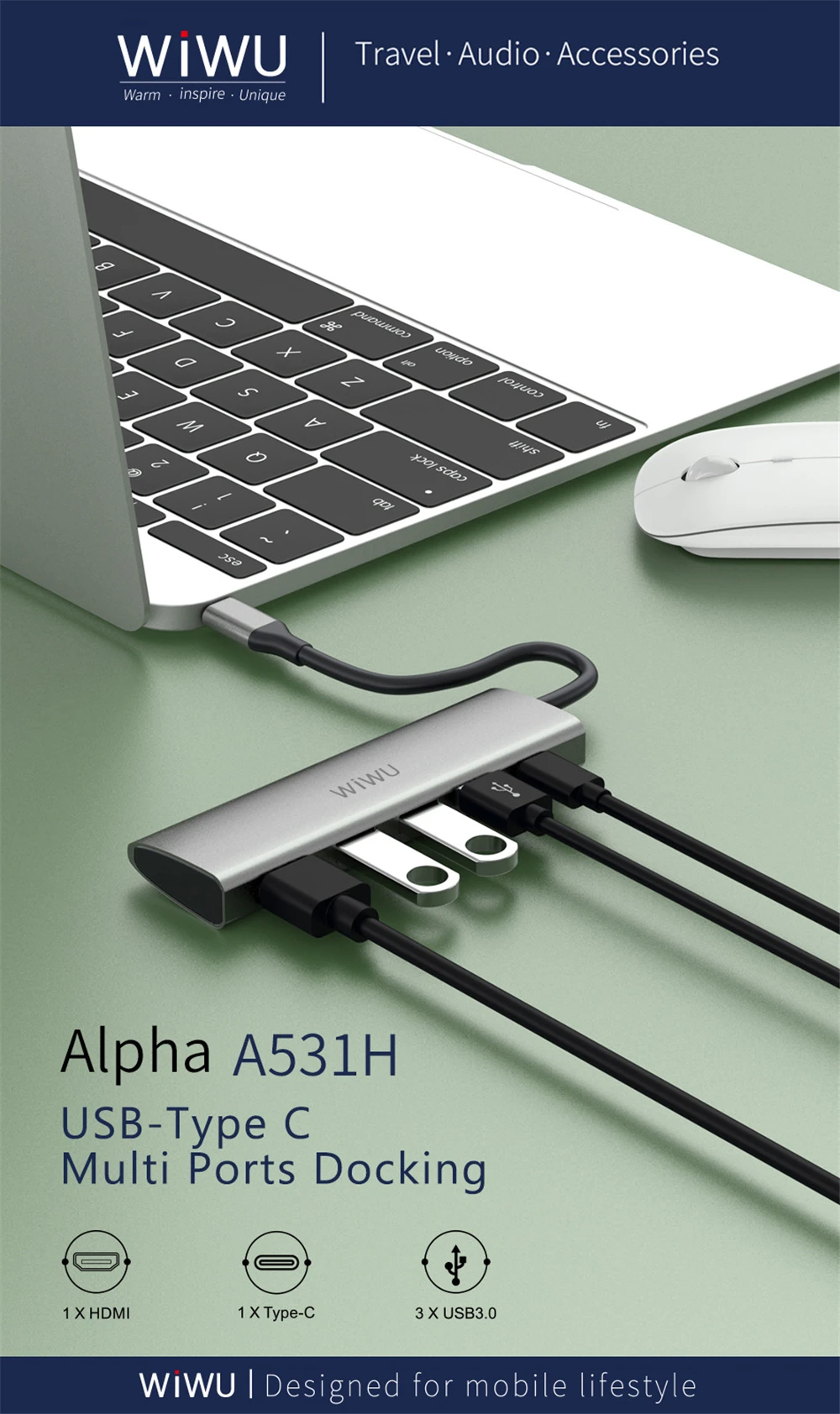 WiWU Alpha A531H 5-in-1 Hub Type-C to USB3.0 , HDMI Converter Docking Station 1