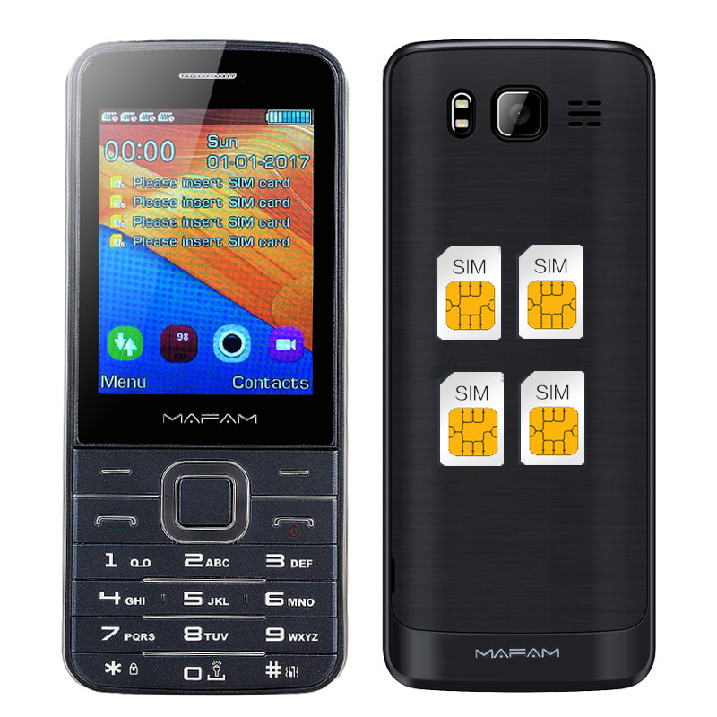 

MAFAM M11 2.8 дюймов HD Большой экран 1800 мАч 64 МБ + 64 МБ 4 SIM-карты 4 Режим ожидания FM GPRS Функциональный телефон
