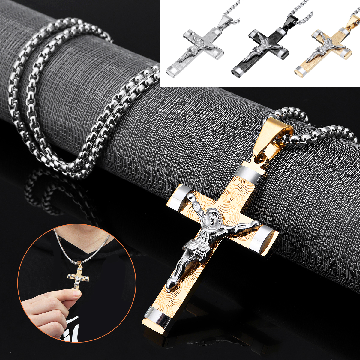 

Stainless Steel Christ Jesus Cross Crucifix Patterned Pendant Necklace Chain