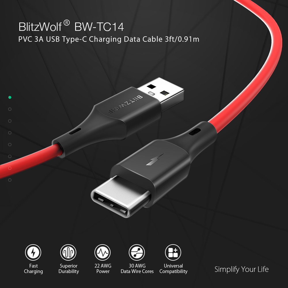 שלישיית כבלים BlitzWolf® BW-TC14 USB Type-C באורך 1 מטר