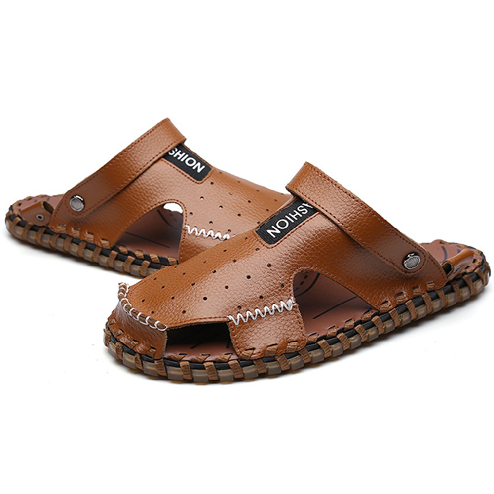 

R493 Men Outdoor Summer Leather Casual Round Toe Flat Soft Beach Slipper Sport Dad Shoes Sandals