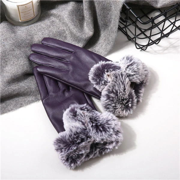 Women Cold Winter Warm Thick Rabbit Fur Leather Ski Gloves