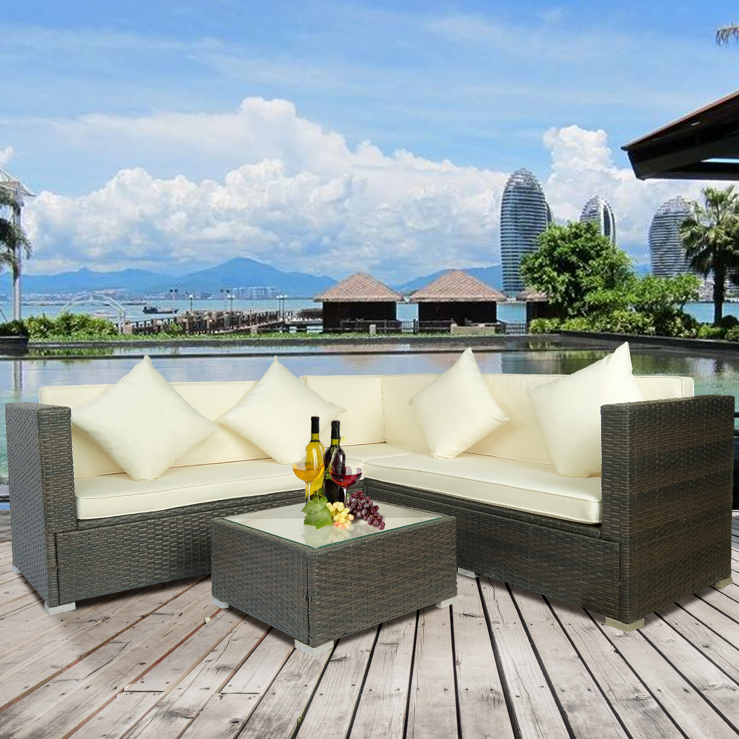 

4 Pcs Big Beige Cushion Outdoor PE Rattan Wicker Patio Sofa Sectional Furniture Set Conversation Set