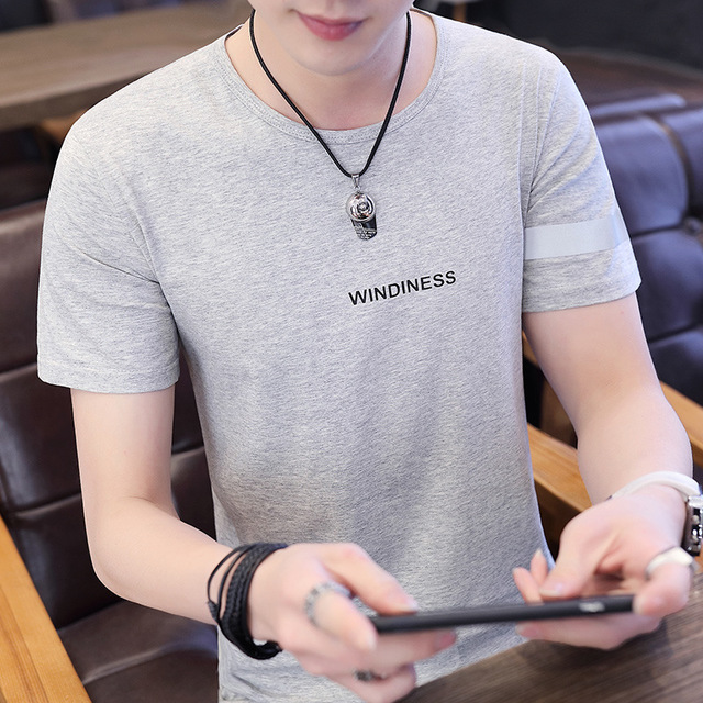 

Season Men's Casual T-shirt Slim Short-sleeved Round Neck Fluorescent Strips Thin Section Breathable Letters Printing Compassionate Tide