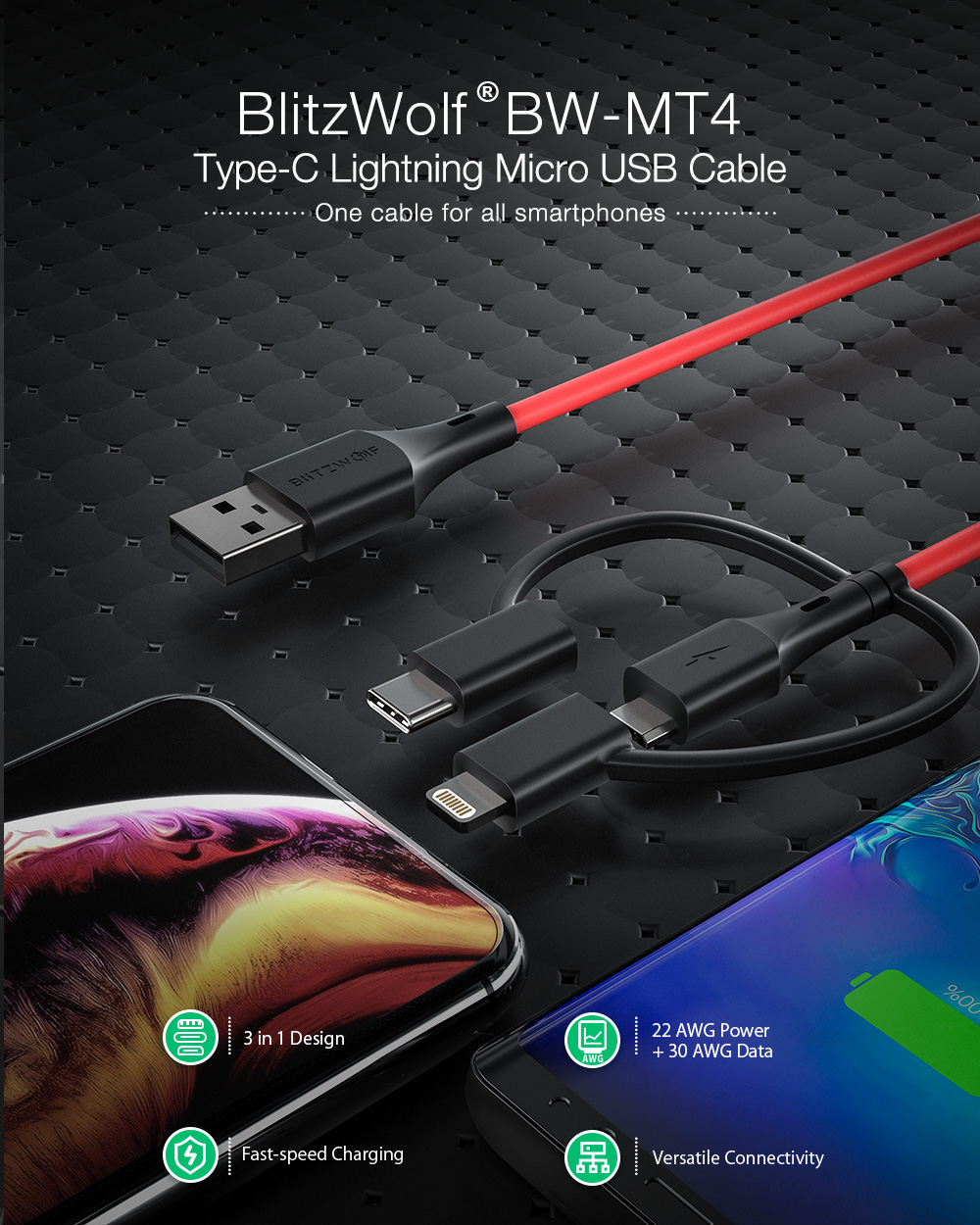 כבל משולב &#8211; BlitzWolf BW-MT4 Type-C Lightning Micro USB