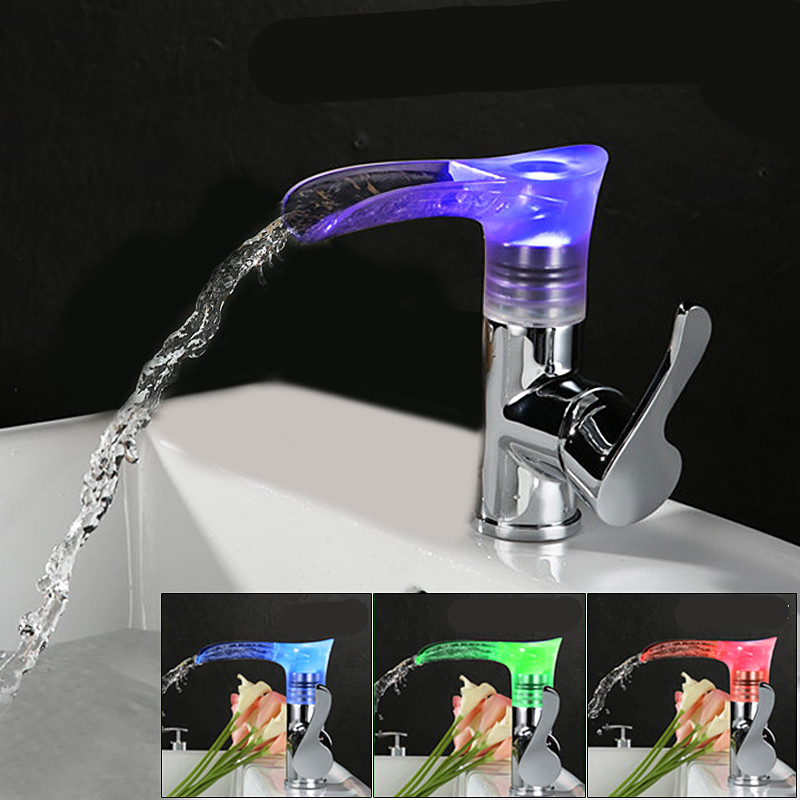 

Modern Bathroom Sink Faucet Chrome Finish Waterfall Basin Color Changing LED Mixer Tap
