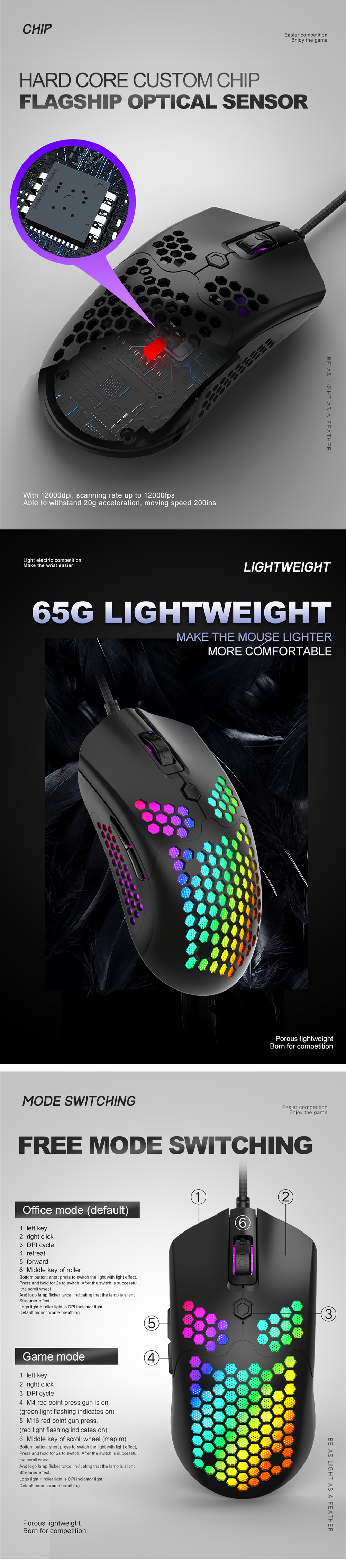 Free-wolf M5 Wired Game Mouse Breathing RGB Colorful Hollow Honeycomb Shape 12000DPI Gaming Mouse USB Wired Gamer Mice for Desktop Computer Laptop PC 14