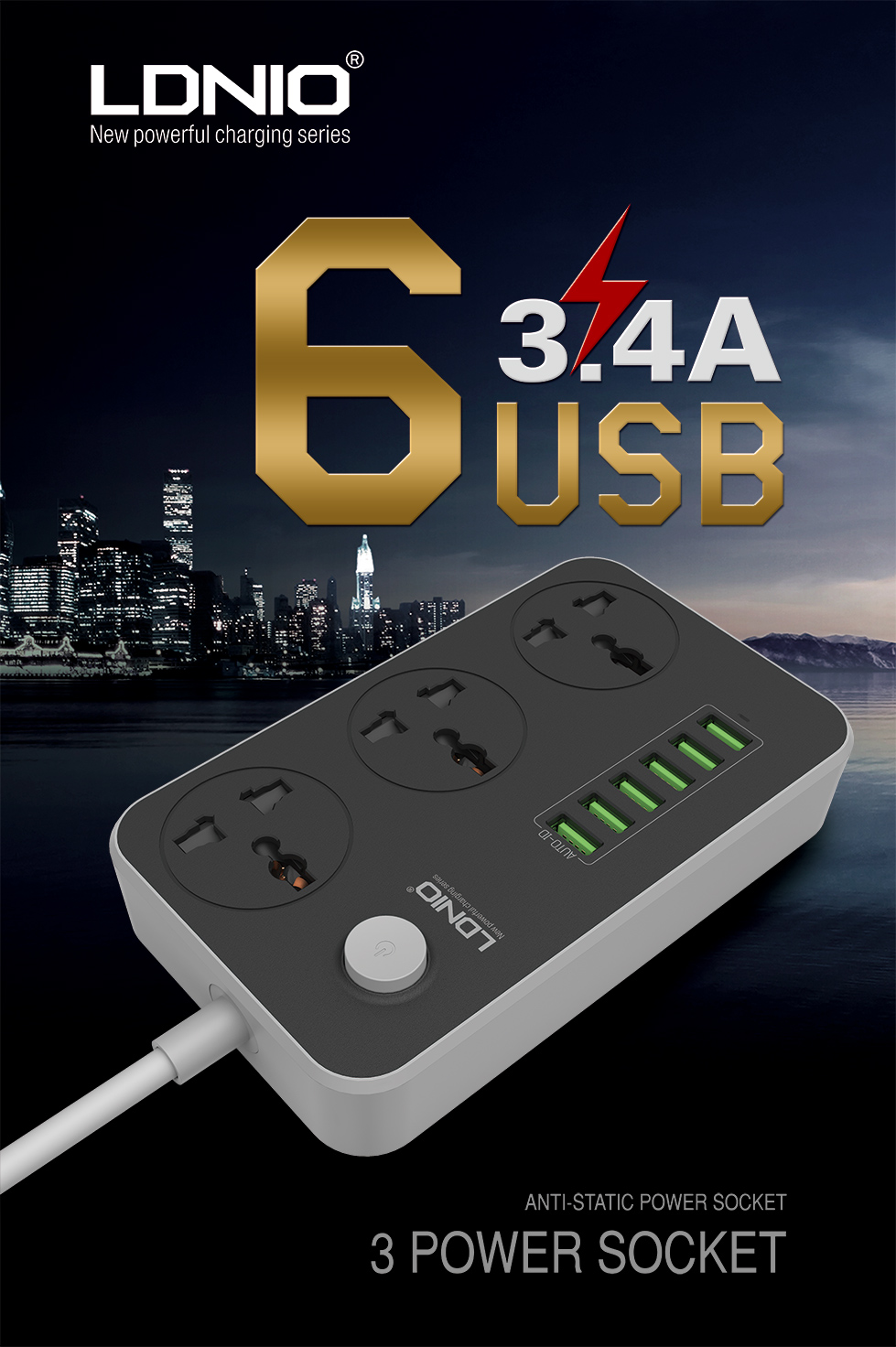 מפצל אוניברסלי עם USB וחיבור ישראלי LDNIO 5V 3.4A