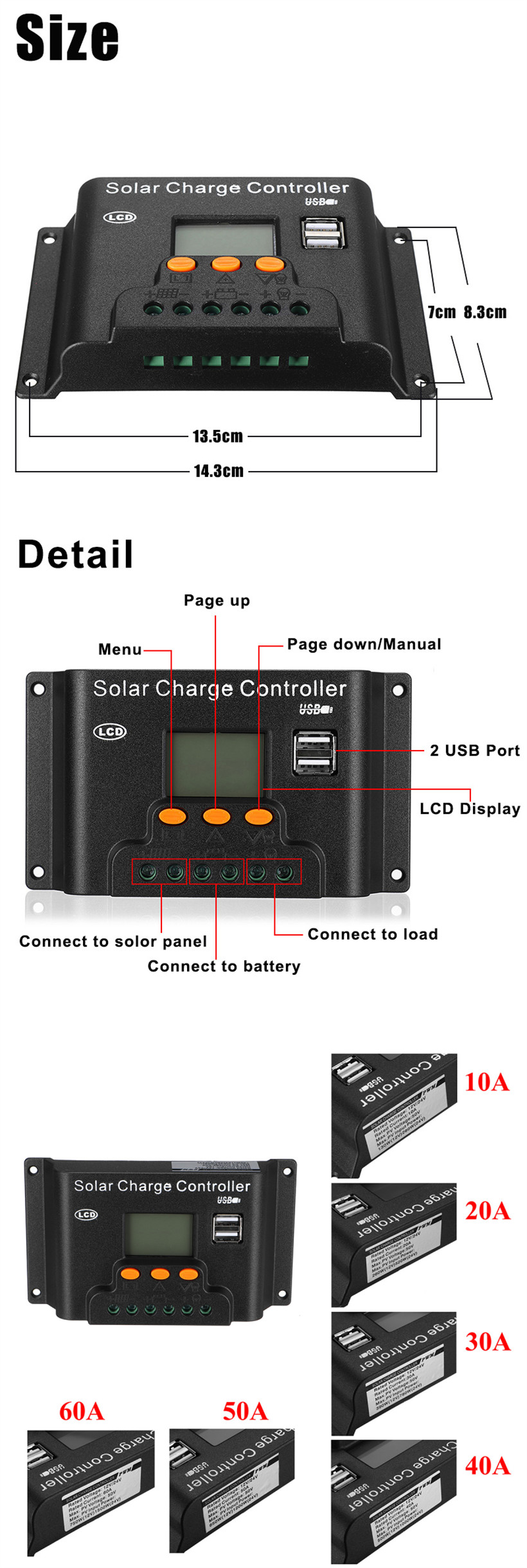 10/20/30/40/50/60A 12v/24v Adjust PWN Solar Battery Charge Controller for Solar Panel Support Dual USB Output/Large LCD Display 20