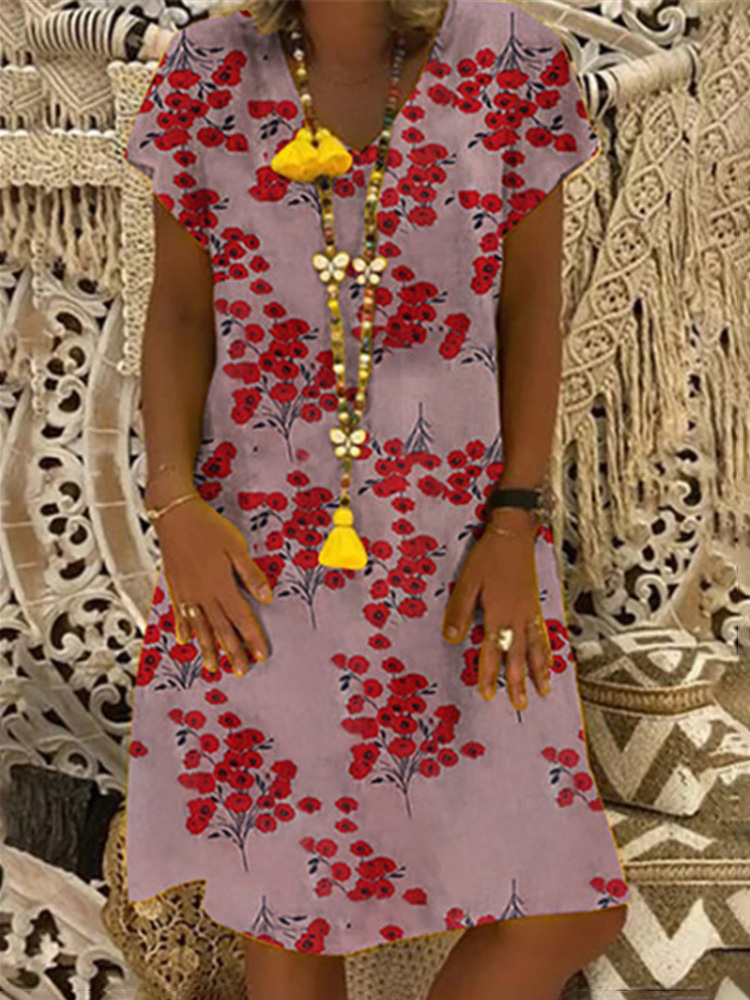 

Женский короткий рукав V Шея Цветочный принт Mini Платье