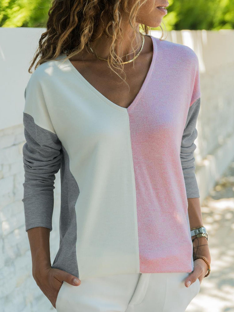 

Women Two-tone Patchwork V-neck Long Sleeve Blouse