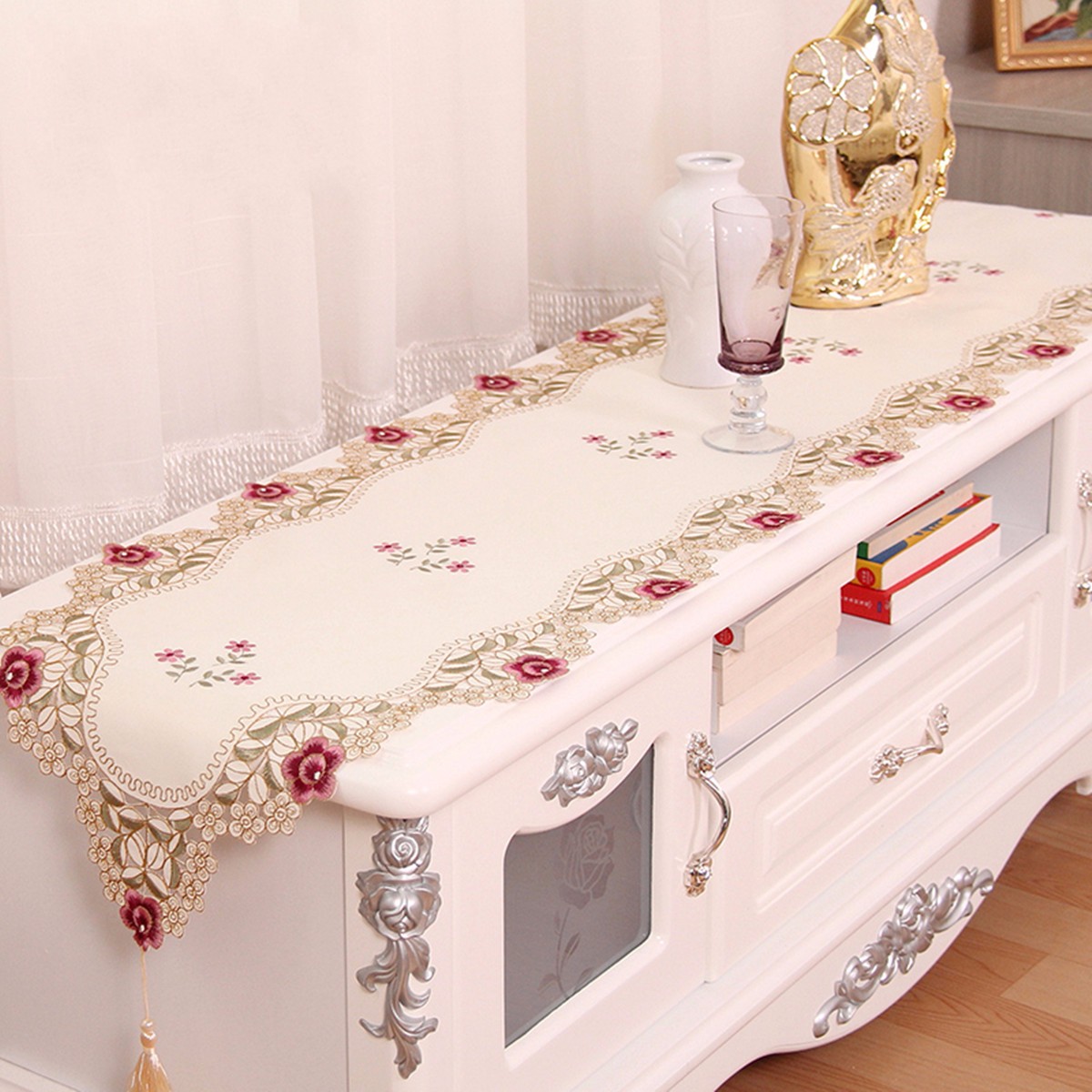 Table Runner Flower Desk Cover With Tassel Wedding Birthday Party Decor