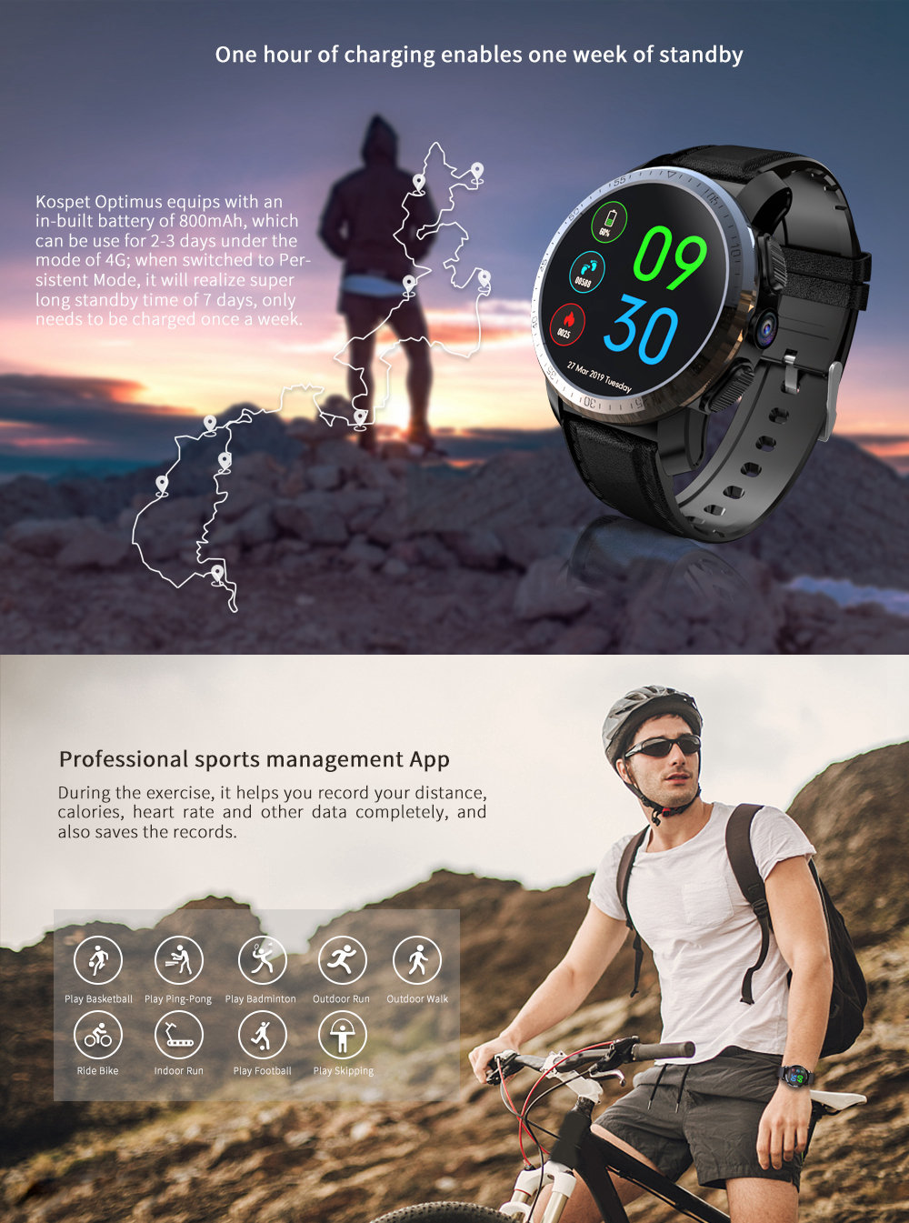 Kospet Optimus Pro Dual Chip System 3G+32G 4G-LTE Watch Phone AMOLED 8.0MP 800mAh GPS Google Play Smart Watch (Black) 16