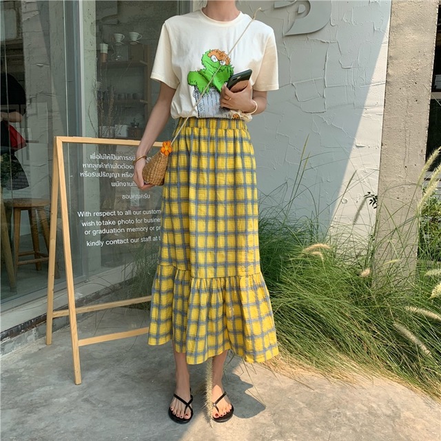 

[Hui Cai] Season New French Retro Yellow Plaid Skirt Female Long Section High Waist Fishtail Skirt