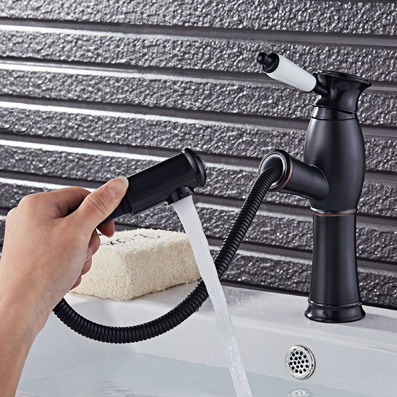 

Kitchen Faucet Pull Out Cool Black Painted Finish Flexible Hot and Cold Mixer Taps Deck Mount Swivel Faucet