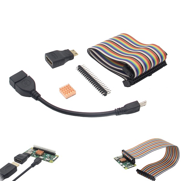 

5-in-1 GPIO Cable + USB OTG Cable + Mini HDMI to HDMI Adapter + 2x20 Pin Header + Heat Sink Base Kit For Raspberry Pi Zero / Raspberry Pi Zero W.