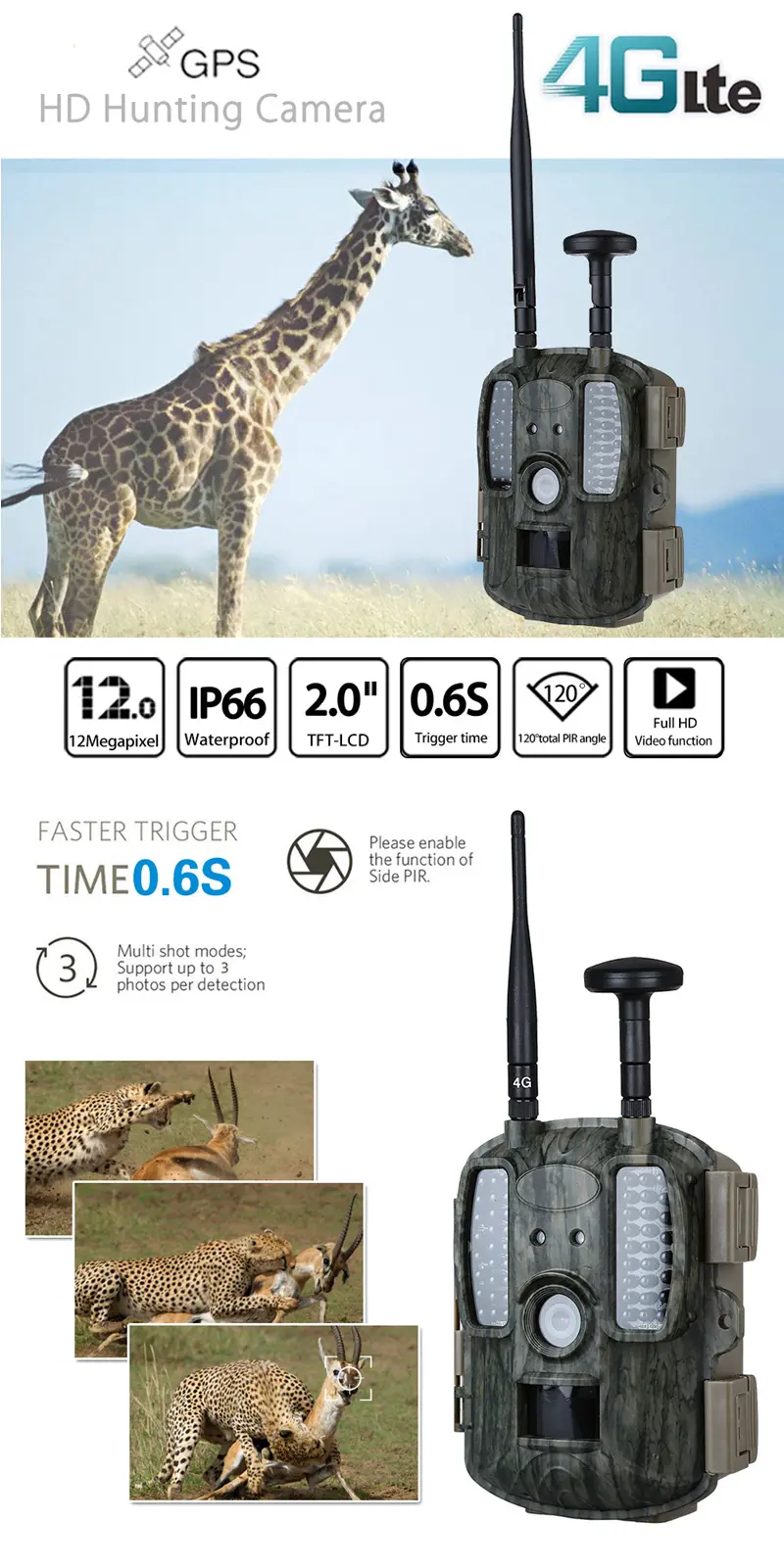 HC-4G002 4G 12MP Digital Scouting Infrared Hunting Camera Video MMS GPRS GPS Night Vision Wildlife hunter Trail Cam