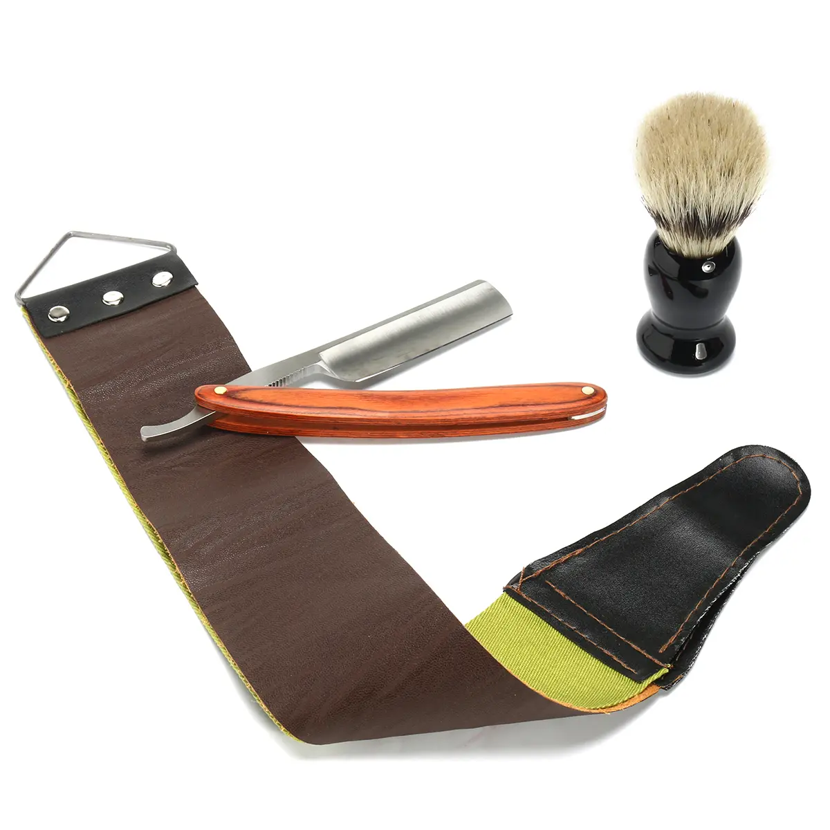 4Pcs Shaver Kit Razor Brush Strop Wooden Box Set