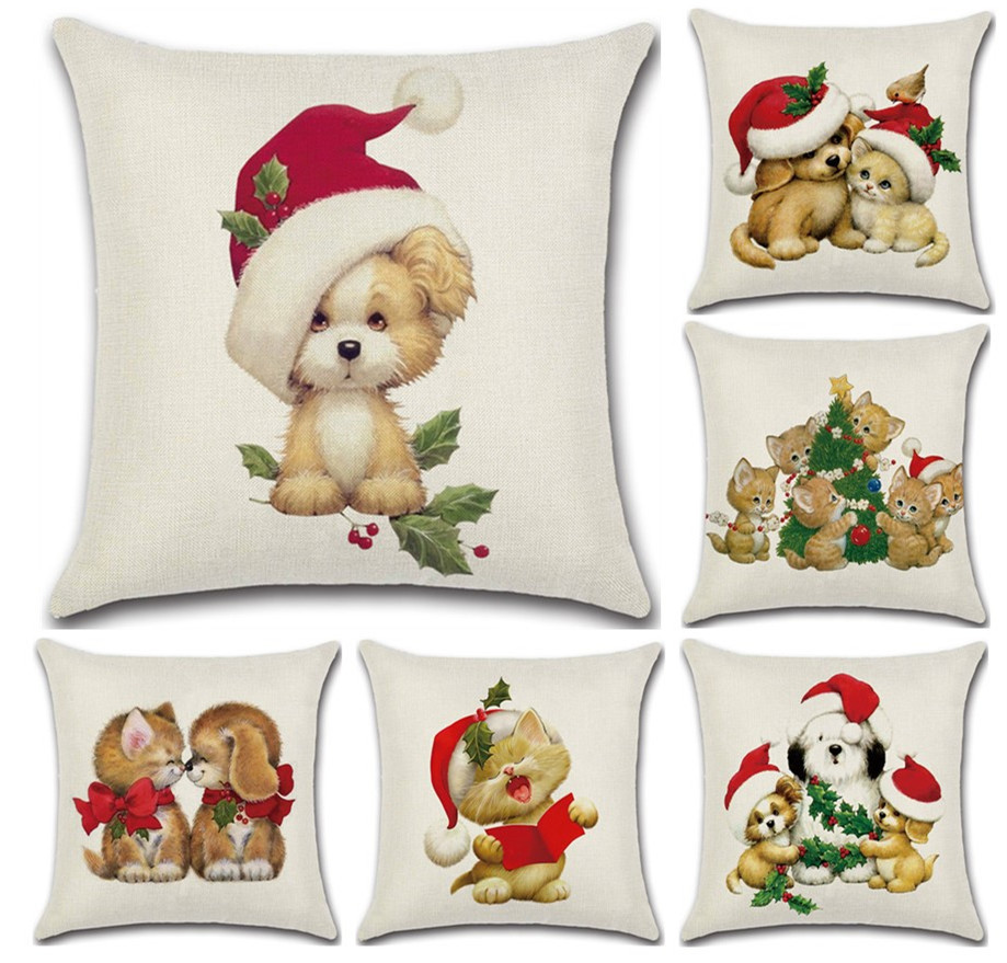 

Merry Christmas Lovely Cats Dogs Cushion Covers Pillow Case Seat Sofa Pillow Cover Linen Cotton Square Cushion Cover Party Decor