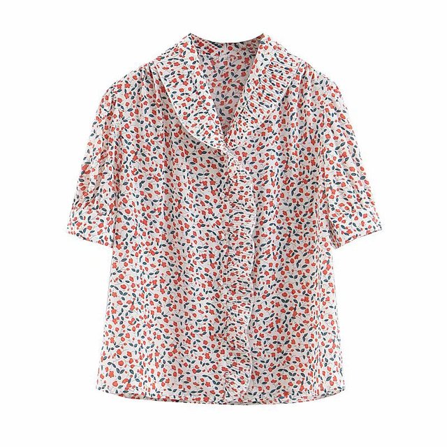 

Ff5-9030 Sweet Wind Two-color Printed Ruffled Chiffon Short-sleeved Shirt