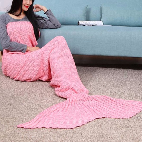 

185x90cm Yarn Knitted Mermaid Tail Blanket Solid Color Handmade Crochet Throw Super Soft Sofa Bed Mat