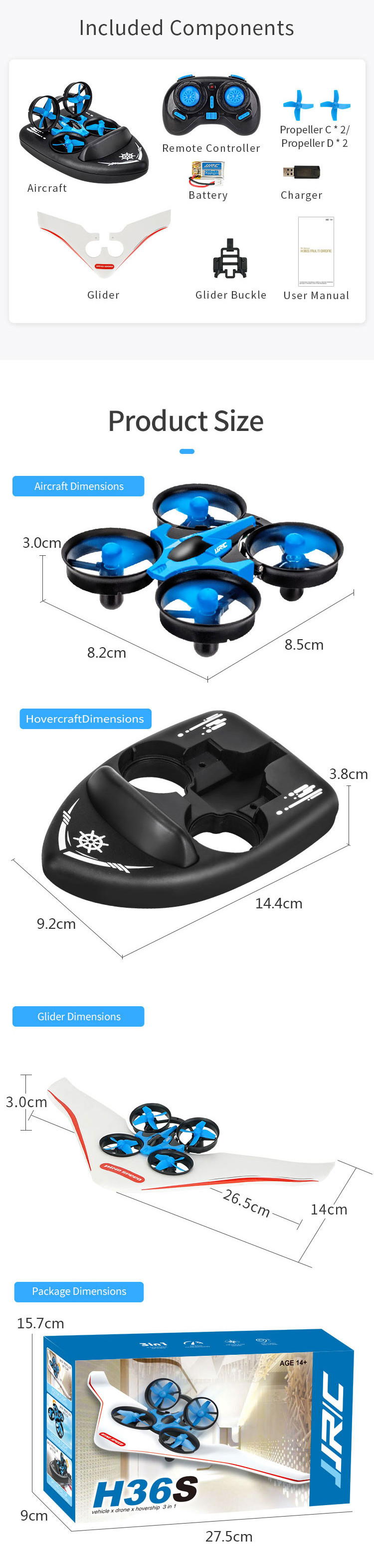 JJRC H36S 2.4G 4 In1 Flying Drone Land Driving Boat Glidering Detachable Quadcopter RTF 25