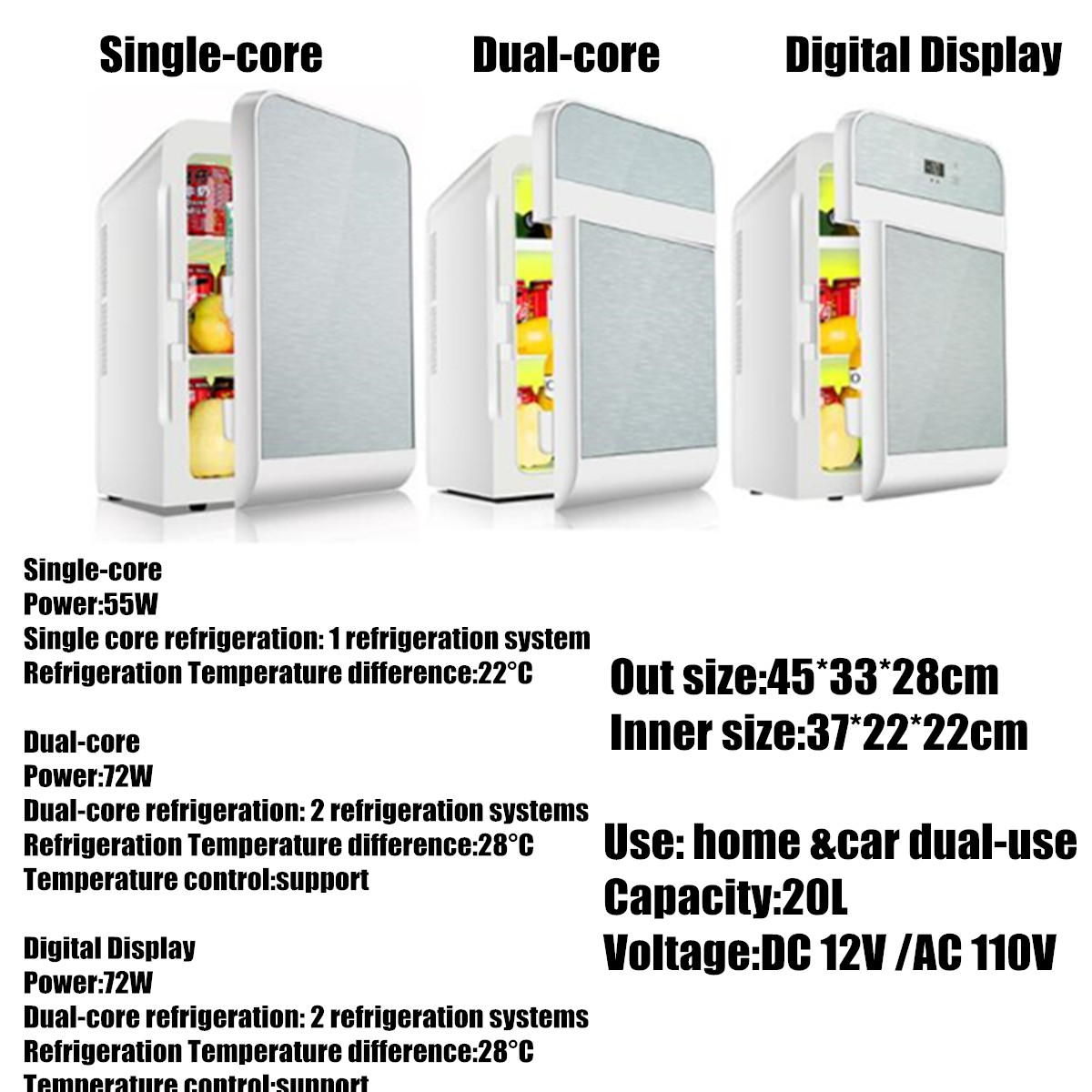 20L Single Dual-core Car Mini Fridge Travel Cool & Warmer Home Refrigerator 220V/12V 11