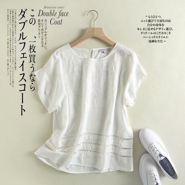 

D42-289 европейской и американской моды полые Дизайн сплошной цвет вышивки дикие свободные с короткими рукавами Рубашка женский прилив