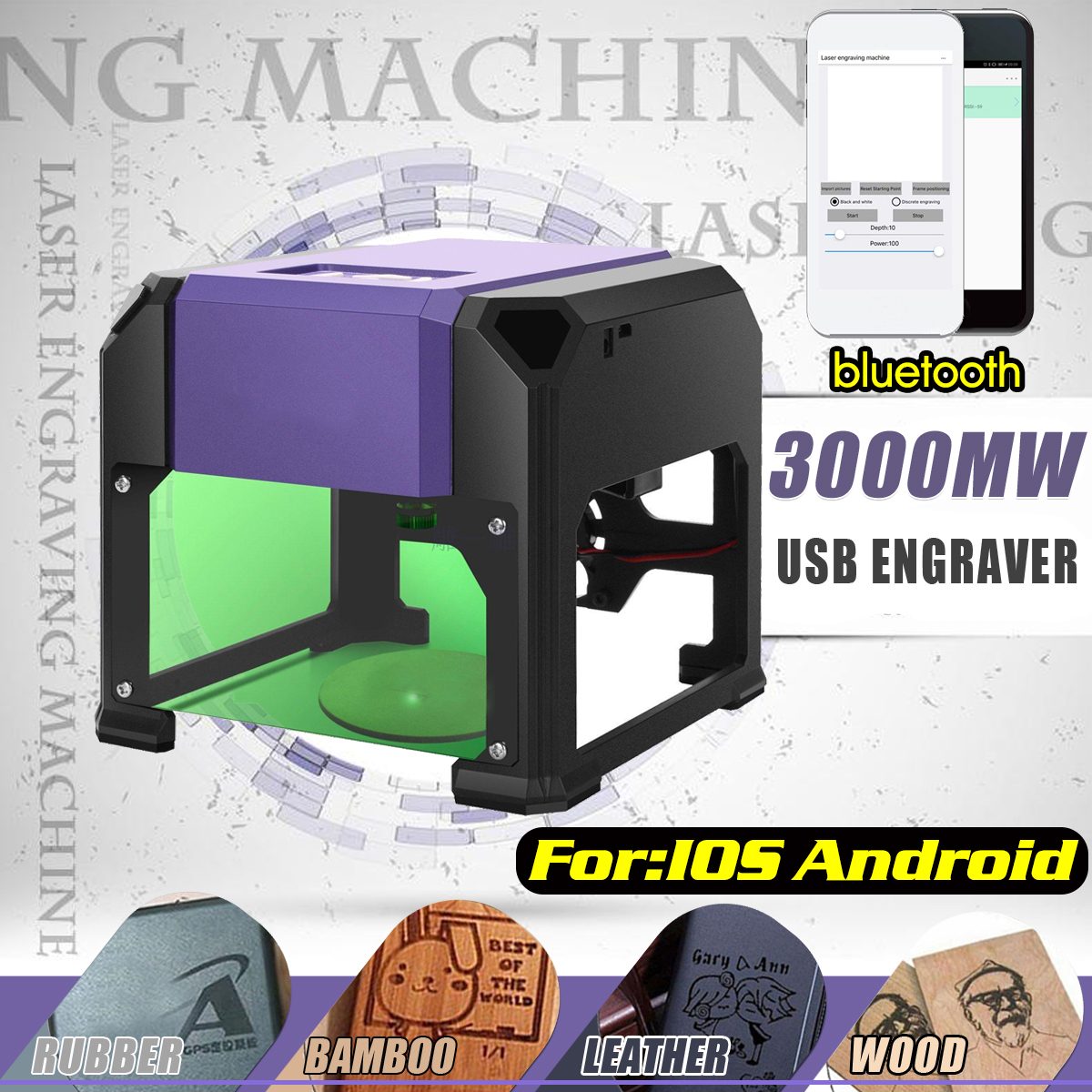 3000mW Purple DIY Laser Engraving Machine Desktop Logo Marking Engraver Mark Carver Printer 11