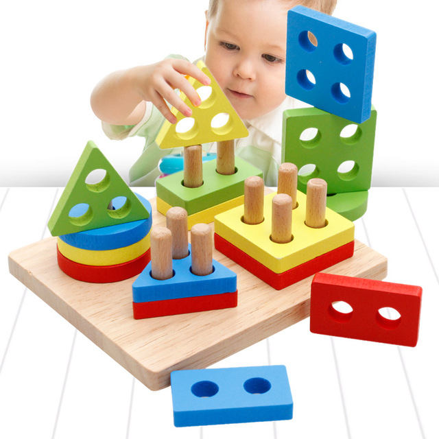 

Children's Educational Wooden Four Sets Of Columns Toys Early Education Wisdom Set Column Intelligence Geometry Shape Cognitive Pairing Blocks