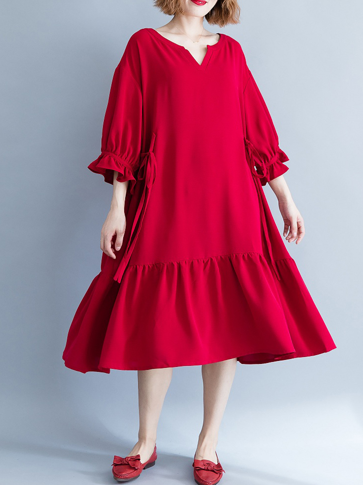 

Women Casual Loose V-neck Bishop Sleeve Pleated Red Dress