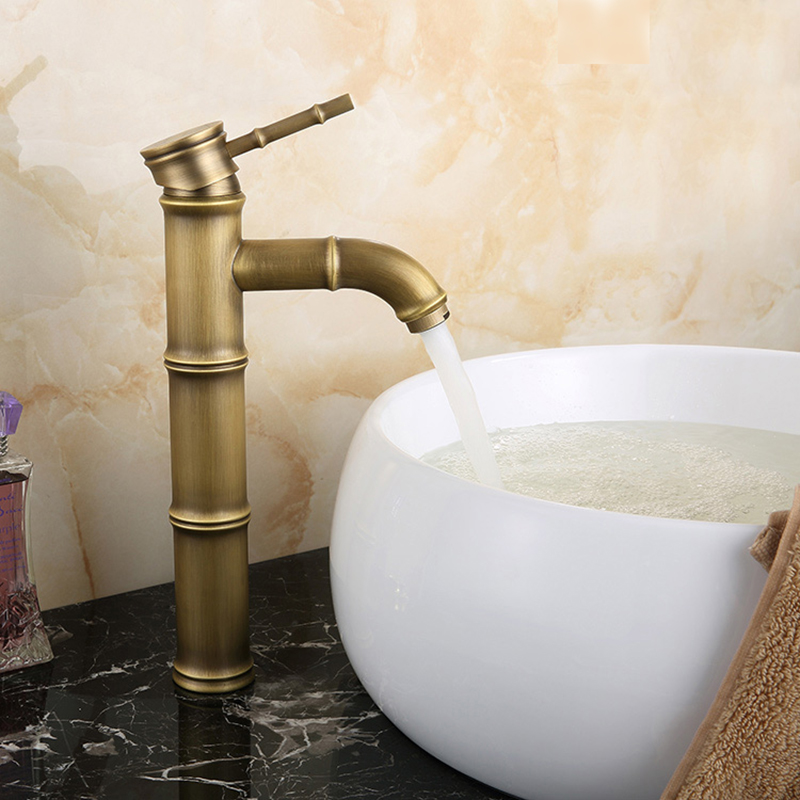 

Single Handle Deck Mount Bathroom Bamboo Vessel Sink Curved Faucet Antique Copper High Spout Bath Tub Mixer Taps