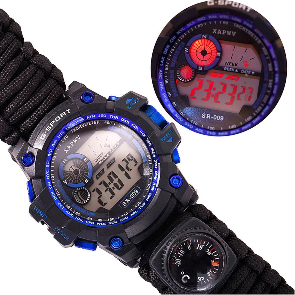 

7 In 1 Survival Watch Camping Multifunctional Compass Date Alarm Paracord Bracelet LED Backlight Gadget EDC Tool