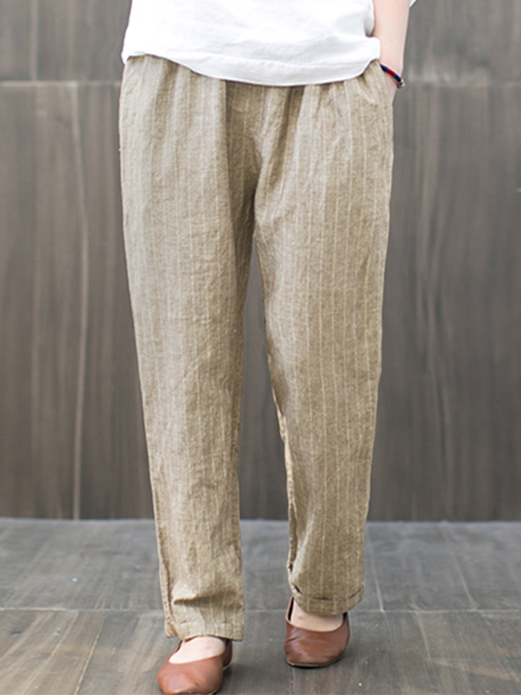 

Women Cotton Elastic Waist Striped Harem Casual Trousers Pants