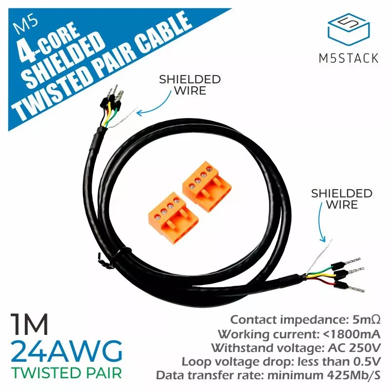 3Pcs M5Stack 24AWG 4-Core Twisted Pair Shielded Cable RS485 RS232 CAN Data Communication Line 1M 1