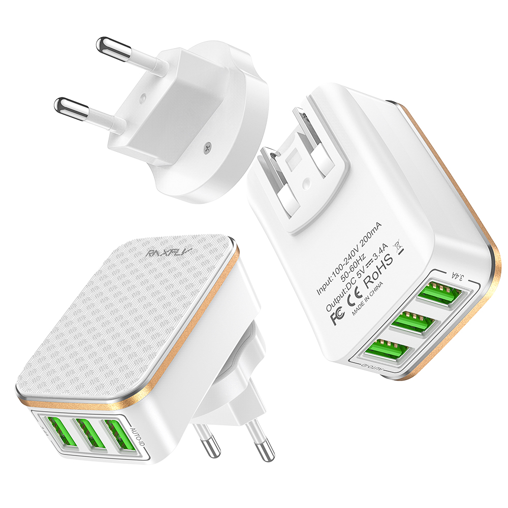 

RAXFLY 3.4A 3 USB Ports EU US Plug 2 IN 1 Fast Charging Adapter Travel Charger For Xiaomi Mi9 HUAWEI P30 Mate30