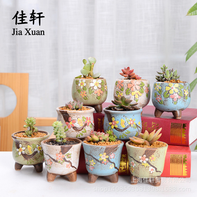 

Flavor Flower Pot Korean Style Hand-painted Embossed Stoneware Breathable Personality Handmade Ceramic Succulent Thumb Mini Pot