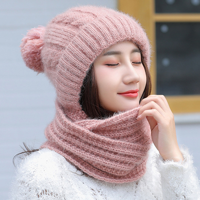 

Women Thicken Siamese Knit Beanie Hat Scarf Winter Windproof Earmuffs Ski Cap