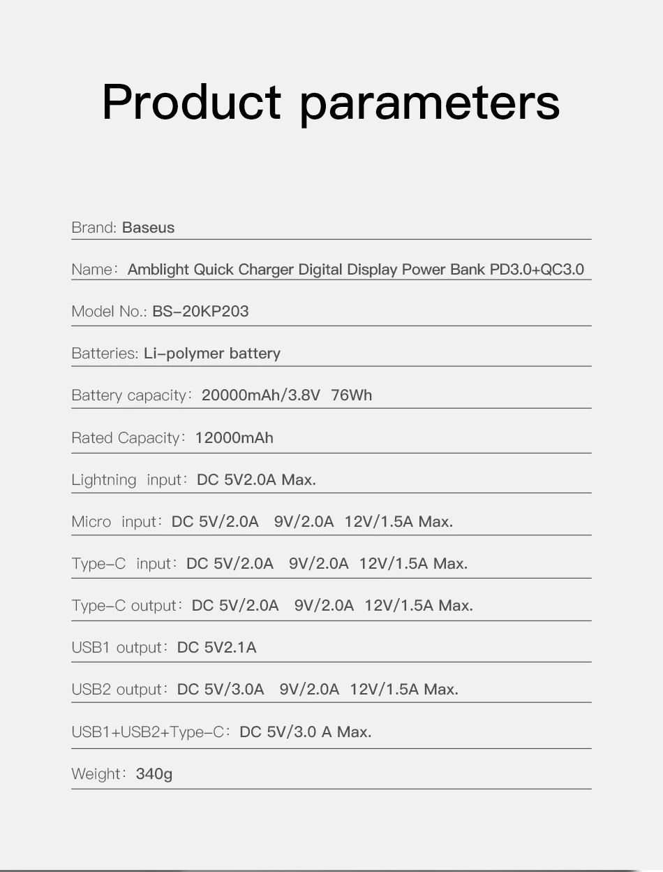 Baseus Amblight 20000mAh Quick Charger Digital Display Power Bank PD3.0+QC3.0 14