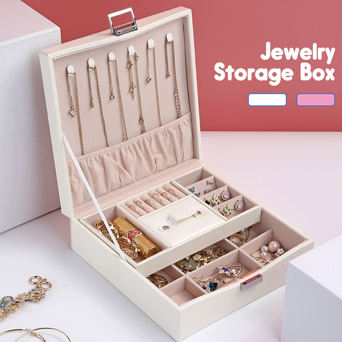 Plain Square Large Capacity Jewelries Organizer Ring Necklace Choker Jewelry Box 