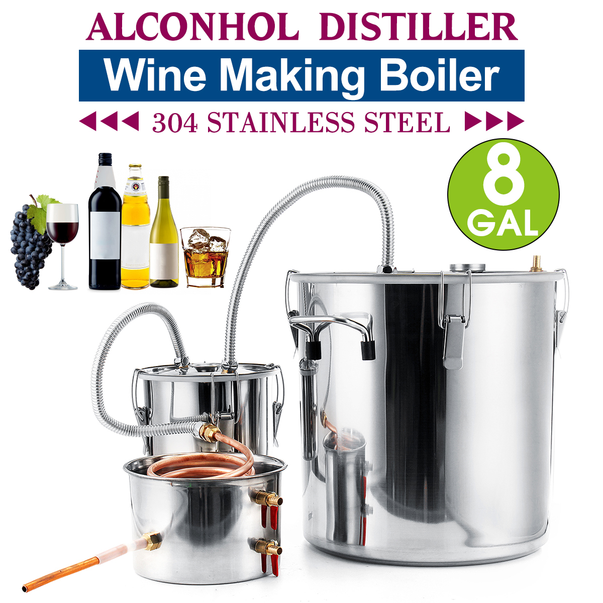 2/3/5/8 Gallons Moonshine Still Spirits Kit Water Alcohol Distiller Copper Tube Boiler Home Brewing Kit with Thumper Keg Stainless Steel 23