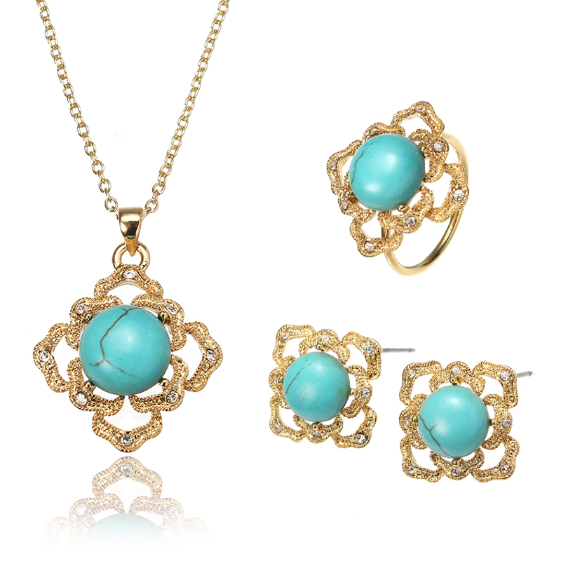 

JASSY® Elegant 18K Gold Plated Turquoise Jewelry Set Vintage Necklace Ring Earrings for Women